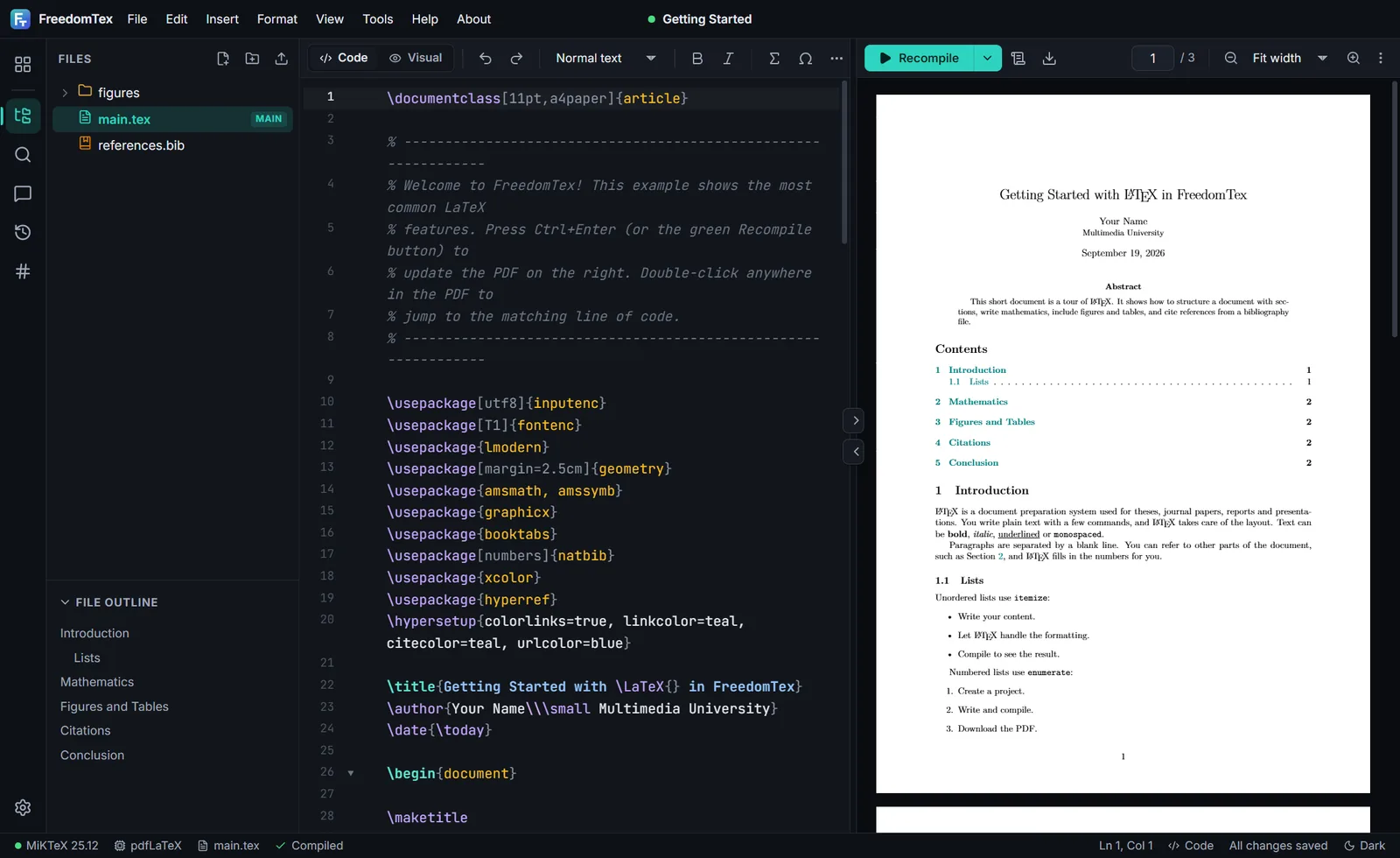 The FreedomTex editor in dark mode, with LaTeX source on the left and the compiled PDF on the right