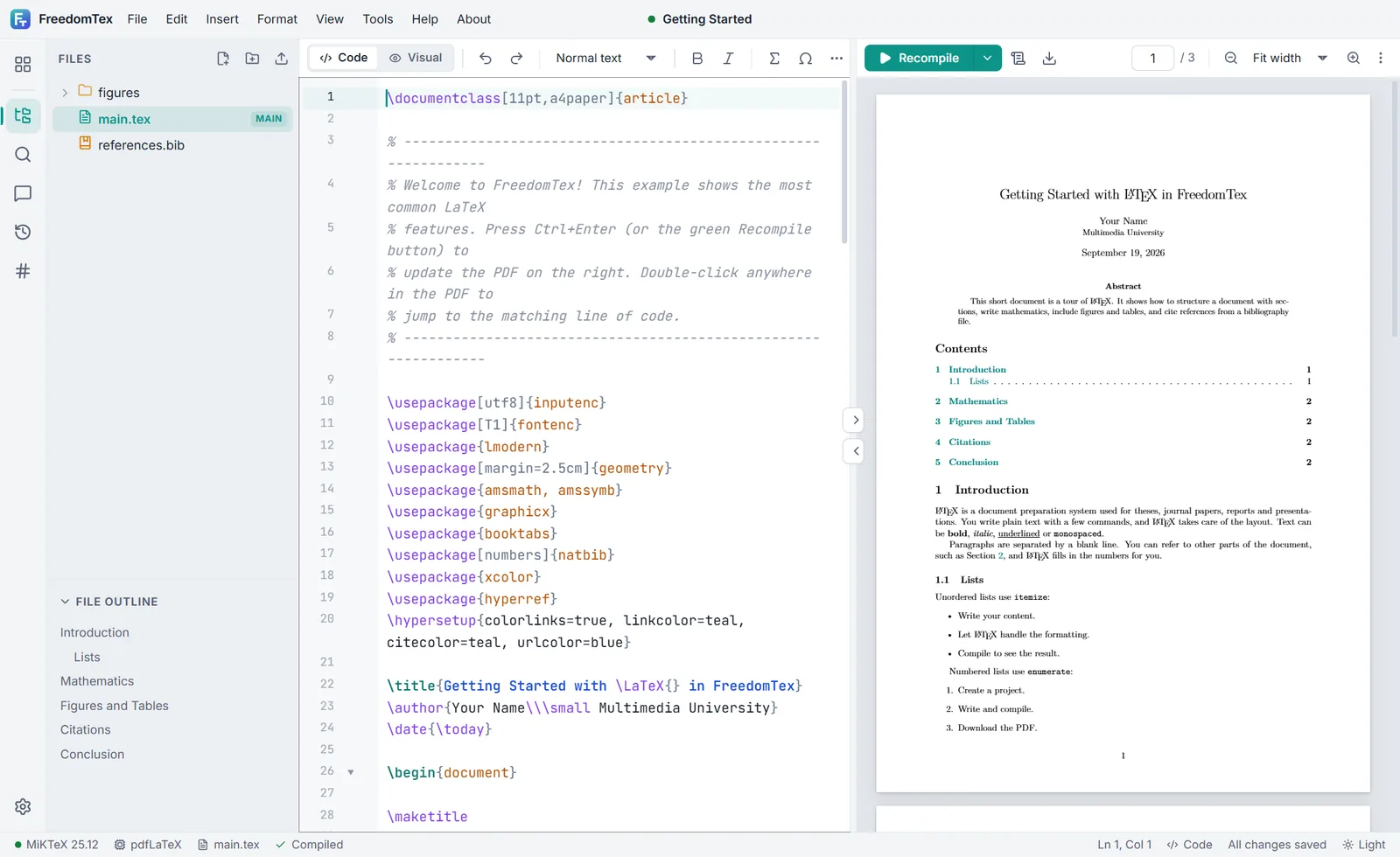 The FreedomTex editor, with LaTeX source on the left and the compiled PDF on the right